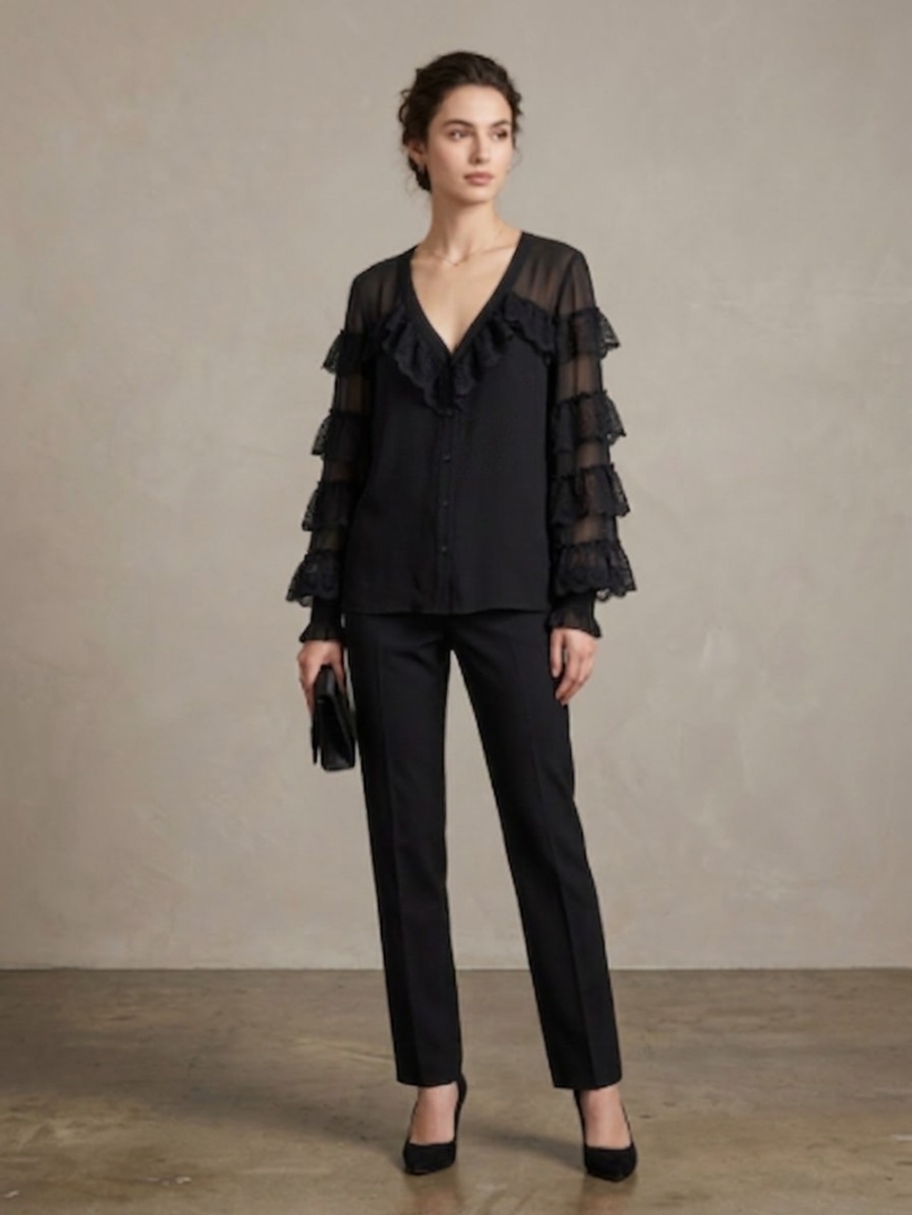 New Marc Jacobs Black V-Neck Long Sleeves  Sheer Ruffle Blouse Large
